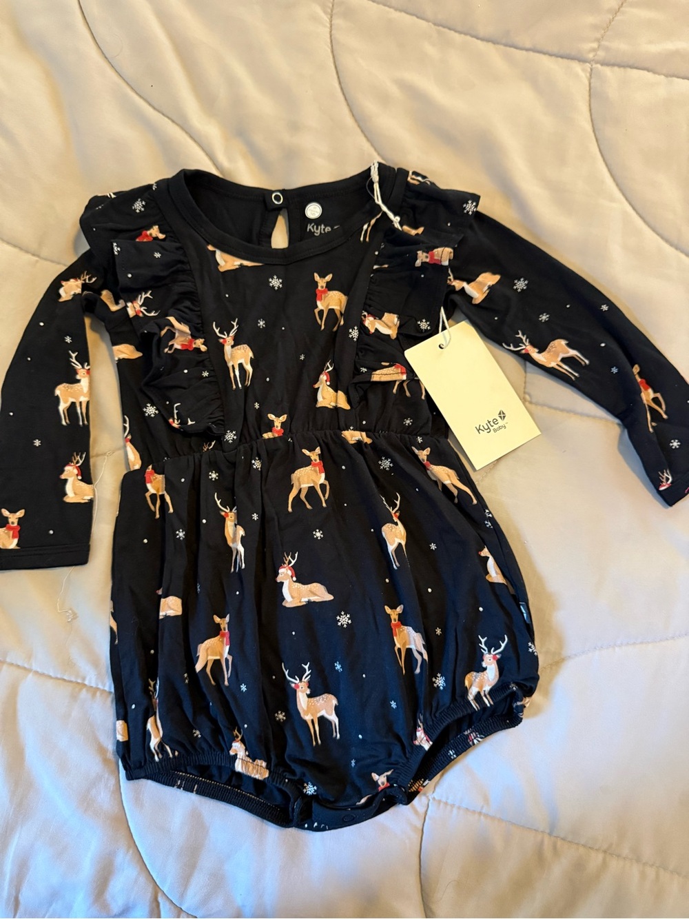 Kyte Baby Navy Reindeer Print Long Sleeve Romper